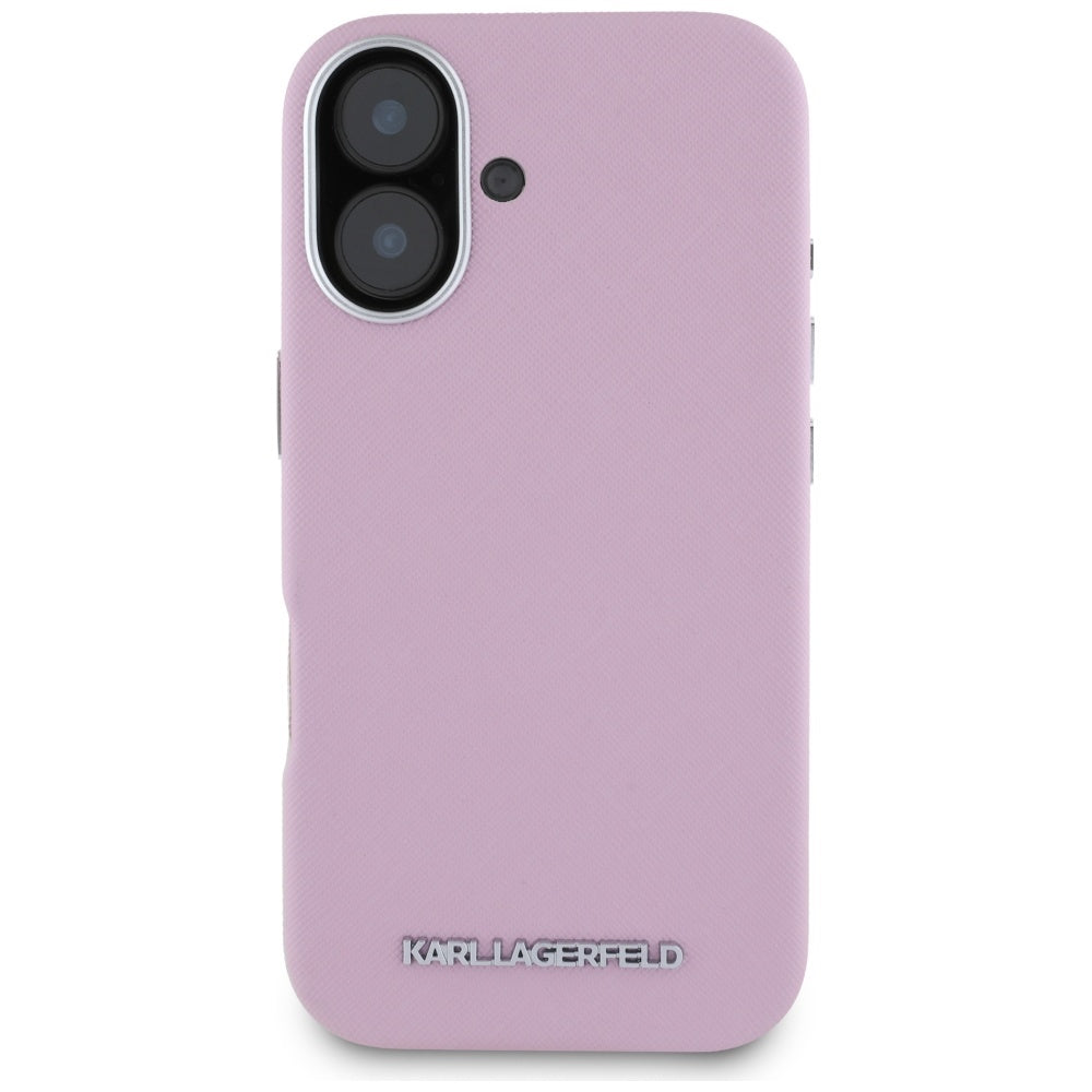 MagSafe Case for Apple iPhone 16, Karl Lagerfeld, Saffiano Full Wrapped Elongated Metal Logo, Pink