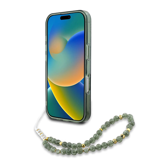 MagSafe tok Apple iPhone 16 Plus-hoz, Guess, IML Flowers Allover Electroplated with Pearl Strap, Zöld