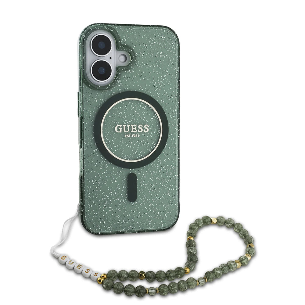 MagSafe tok Apple iPhone 16 Plus-hoz, Guess, IML Glitter gyöngyház pánttal, Zöld