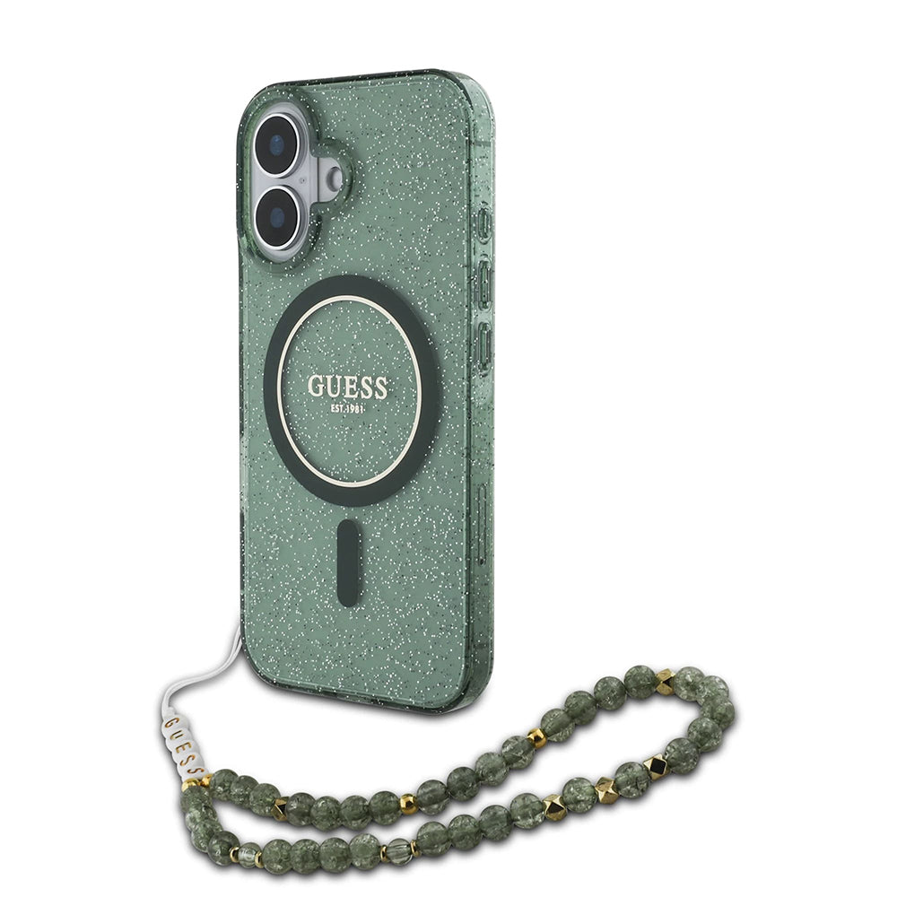 MagSafe tok Apple iPhone 16 Plus-hoz, Guess, IML Glitter gyöngyház pánttal, Zöld