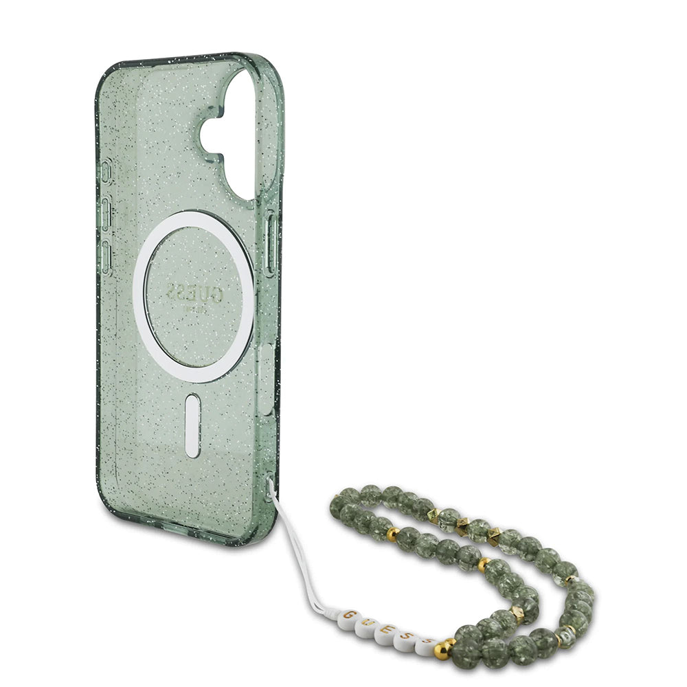 MagSafe tok Apple iPhone 16 Plus-hoz, Guess, IML Glitter gyöngyház pánttal, Zöld