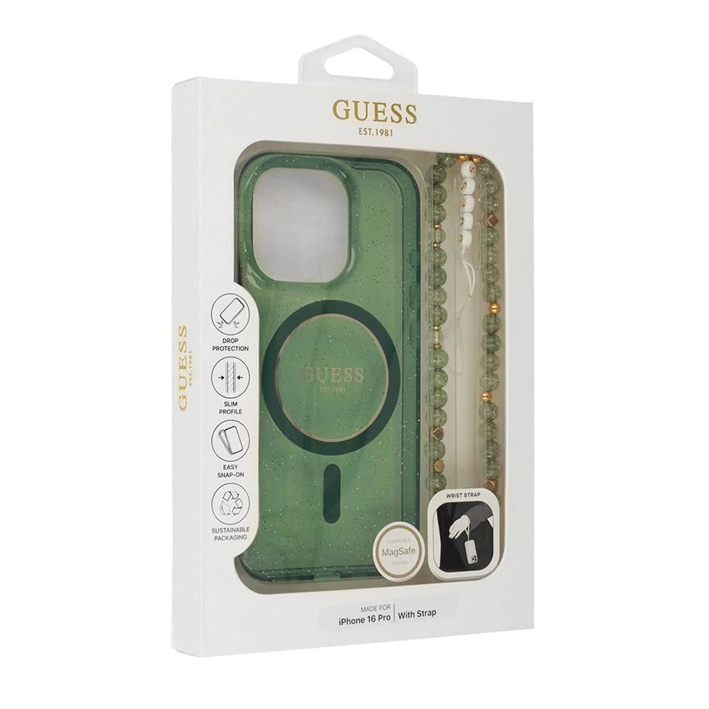 MagSafe tok Apple iPhone 16 Plus-hoz, Guess, IML Glitter gyöngyház pánttal, Zöld