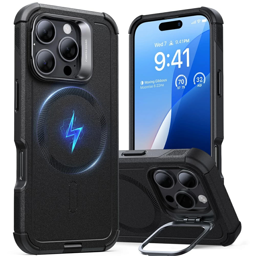 MagSafe tok Apple iPhone 16 Pro-hoz, ESR, Cyber Armor Kickstand, Fekete