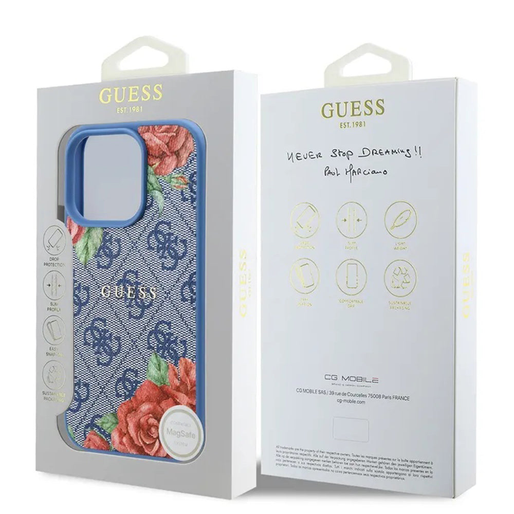 MagSafe tok Apple iPhone 16 Pro-hoz, Guess, 4G Flowers Print, Kék