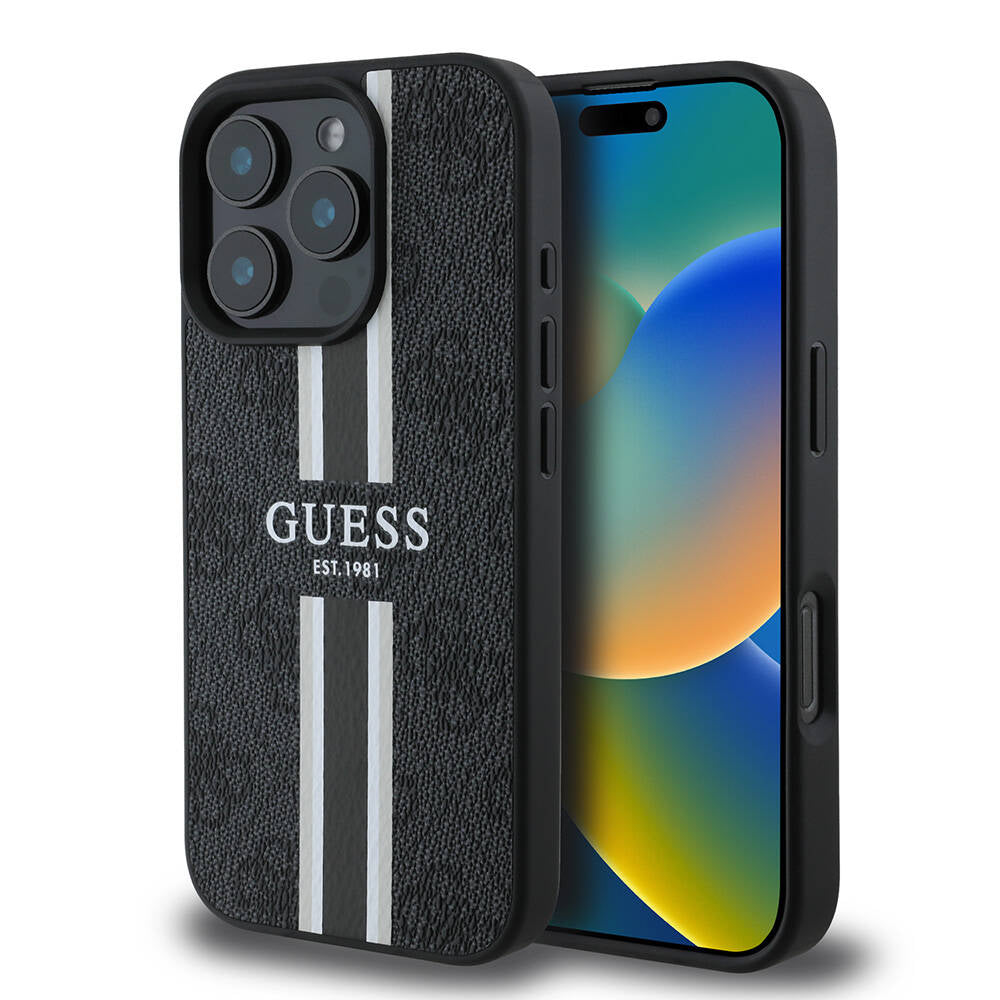 MagSafe tok Apple iPhone 16 Pro-hoz, Guess, 4G Printed Stripes, Fekete