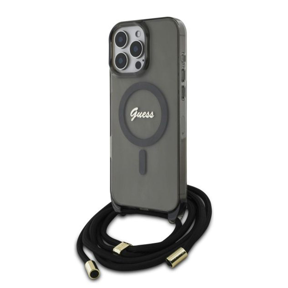 MagSafe Case for Apple iPhone 16 Pro, Guess, IML Crossbody Cord Script, Black