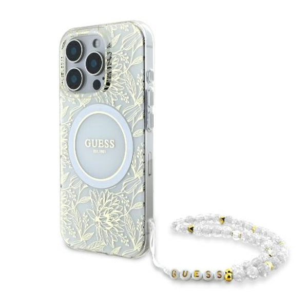 MagSafe tok Apple iPhone 16 Pro-hoz, Guess, IML Flowers Allover Electroplated with Pearl Strap, Fehér
