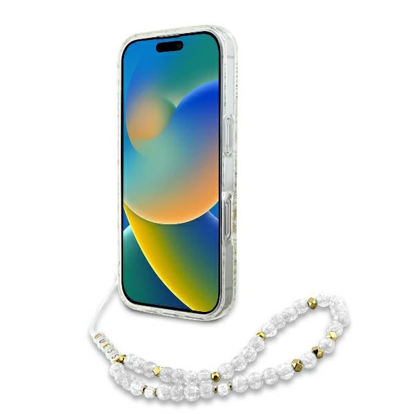 MagSafe tok Apple iPhone 16 Pro-hoz, Guess, IML Flowers Allover Electroplated with Pearl Strap, Fehér