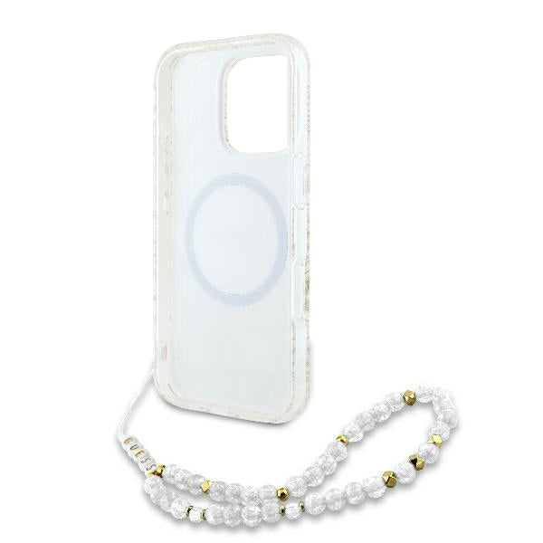 MagSafe tok Apple iPhone 16 Pro-hoz, Guess, IML Flowers Allover Electroplated with Pearl Strap, Fehér