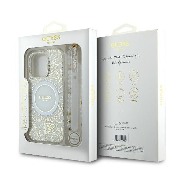 MagSafe tok Apple iPhone 16 Pro-hoz, Guess, IML Flowers Allover Electroplated with Pearl Strap, Fehér