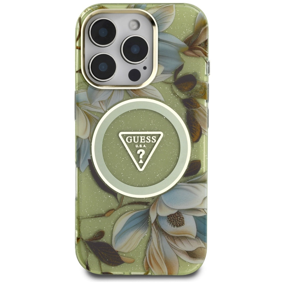 MagSafe tok Apple iPhone 16 Pro-hoz, Guess, IML Metal Glitter Flowers Triangle, Zöld