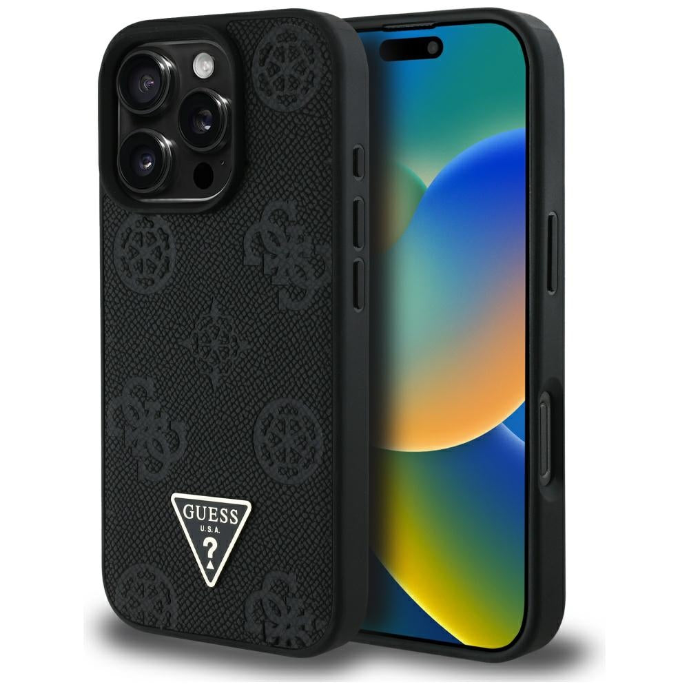 MagSafe tok Apple iPhone 16 Pro-hoz, Guess, Peony Grained Hot Stamp Triangle, Fekete