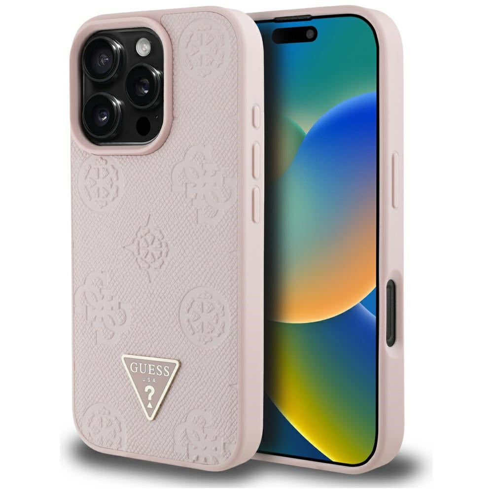 MagSafe Case for Apple iPhone 16 Pro, Guess, Peony Grained Hot Stamp Triangle, Pink