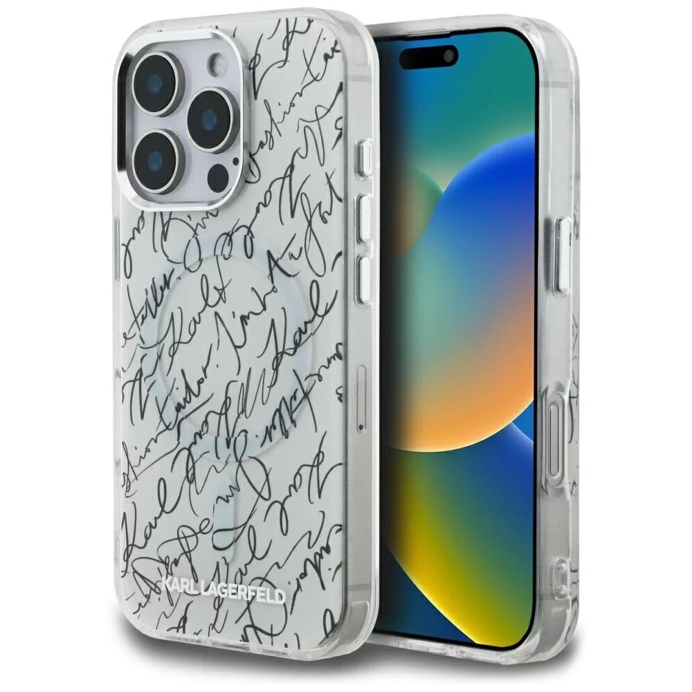 MagSafe Case for Apple iPhone 16 Pro, Karl Lagerfeld, IML Karl Script Pattern, White