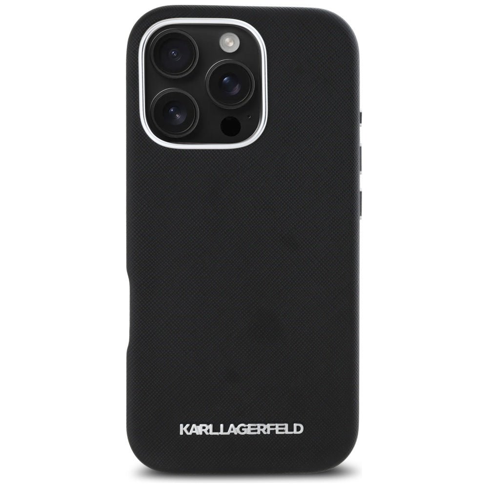MagSafe tok Apple iPhone 16 Pro-hoz, Karl Lagerfeld, Saffiano teljesen beburkolt hosszúkás fém logóval, Fekete