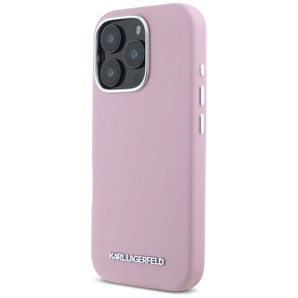 MagSafe Case for Apple iPhone 16 Pro, Karl Lagerfeld, Saffiano Full Wrapped Elongated Metal Logo, Pink