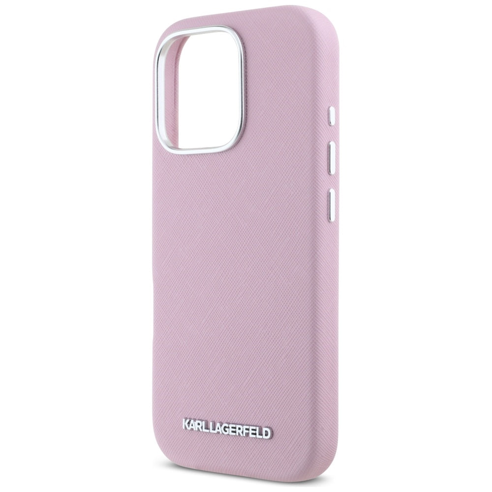 MagSafe Case for Apple iPhone 16 Pro, Karl Lagerfeld, Saffiano Full Wrapped Elongated Metal Logo, Pink
