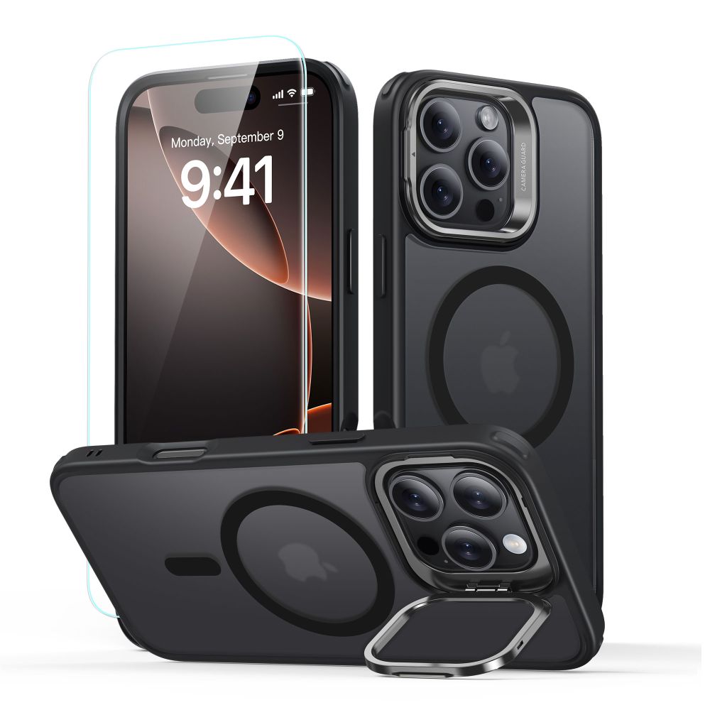 MagSafe tok Apple iPhone 16 Pro Max-hoz, ESR, Classic Hybrid Kickstand képernyővédővel, Szatén Fekete