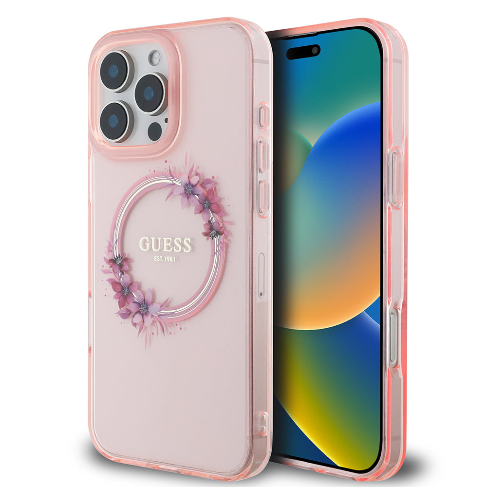 MagSafe tok Apple iPhone 16 Pro Max-hoz, Guess, IML Flowers Wreath, Rózsaszín