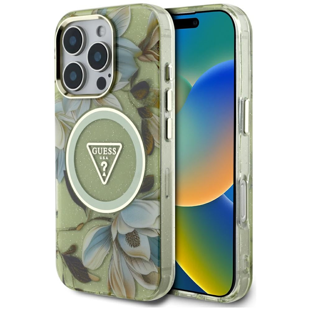 MagSafe tok Apple iPhone 16 Pro Max-hoz, Guess, IML Metal Glitter Flowers Triangle, Zöld