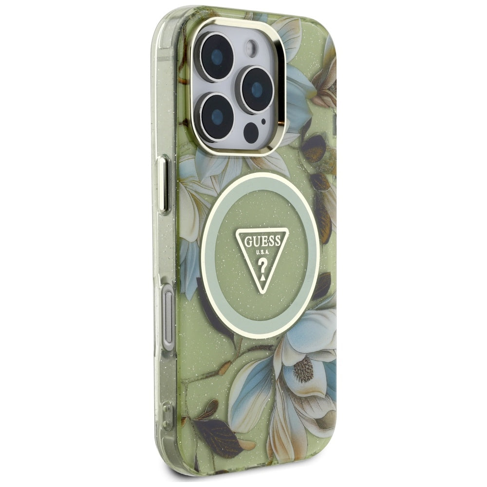 MagSafe tok Apple iPhone 16 Pro Max-hoz, Guess, IML Metal Glitter Flowers Triangle, Zöld