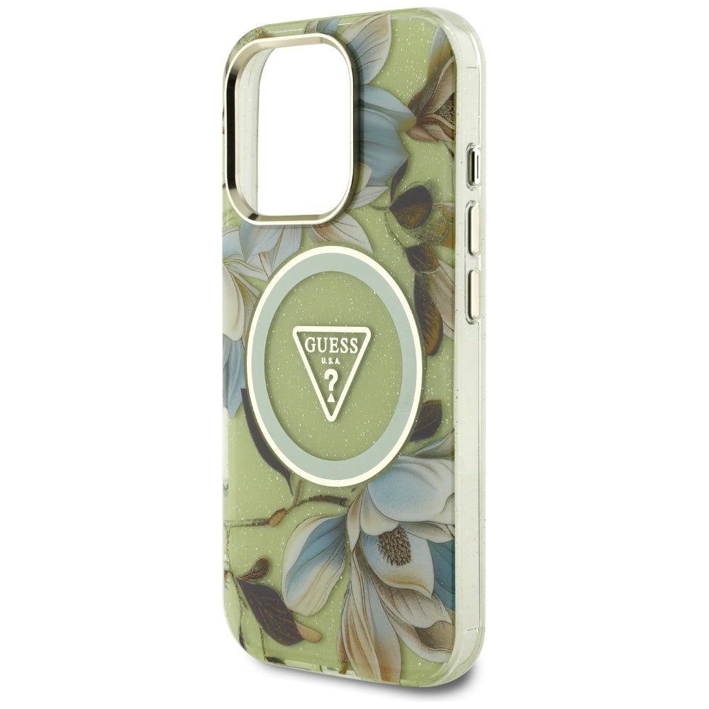 MagSafe tok Apple iPhone 16 Pro Max-hoz, Guess, IML Metal Glitter Flowers Triangle, Zöld