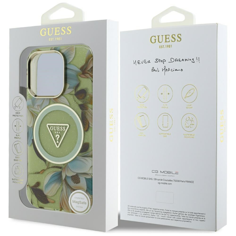MagSafe tok Apple iPhone 16 Pro Max-hoz, Guess, IML Metal Glitter Flowers Triangle, Zöld