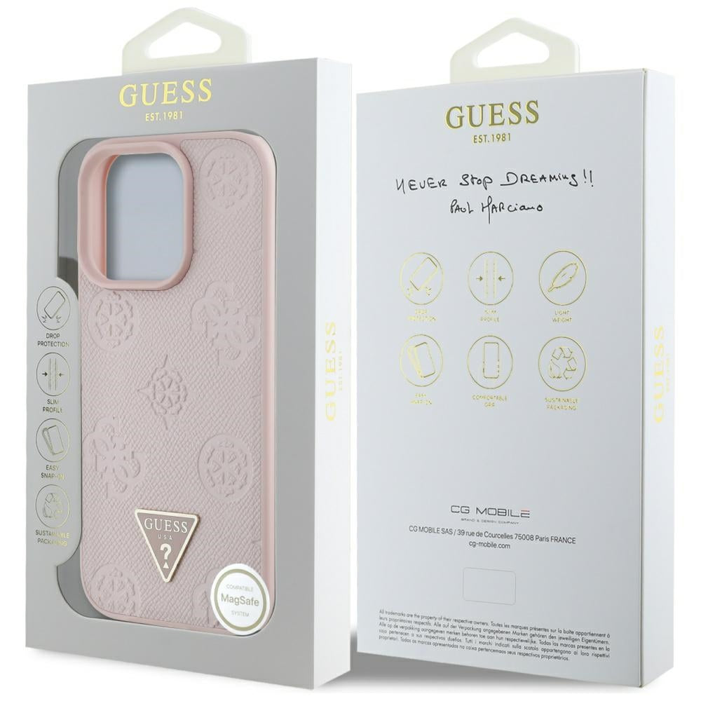 MagSafe Case for Apple iPhone 16 Pro Max, Guess, Peony Grained Hot Stamp Triangle, Pink