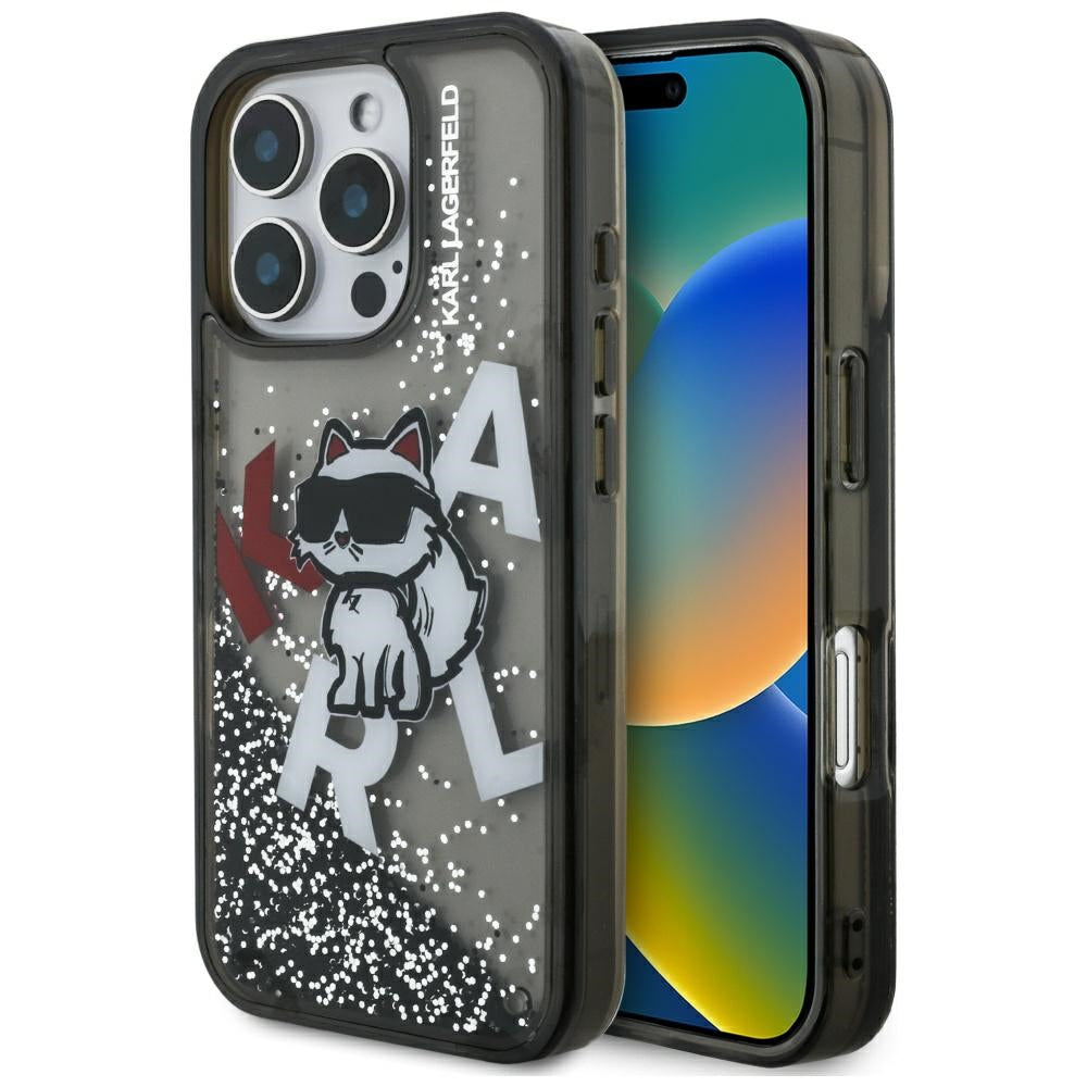 MagSafe tok Apple iPhone 16 Pro Max-hoz, Karl Lagerfeld, Liquid Glitter Choupette Logo, Fekete