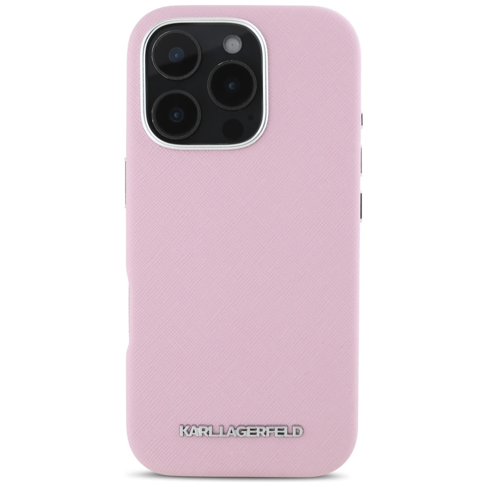 MagSafe Case for Apple iPhone 16 Pro Max, Karl Lagerfeld, Saffiano Full Wrapped Elongated Metal Logo, Pink