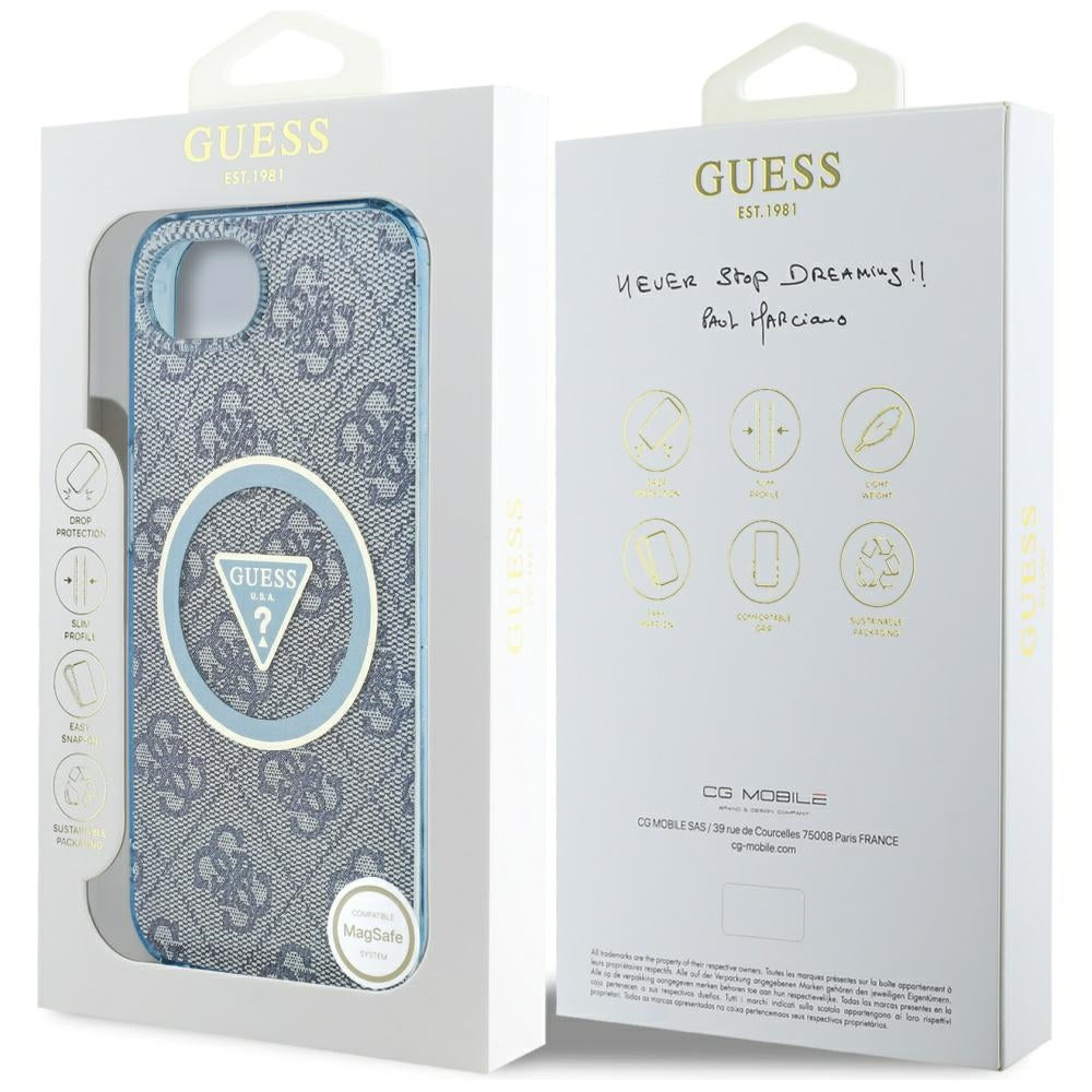 MagSafe Case for Apple iPhone 17e / 16e, Guess, IML Glitter 4G Circle Triangle, Blue