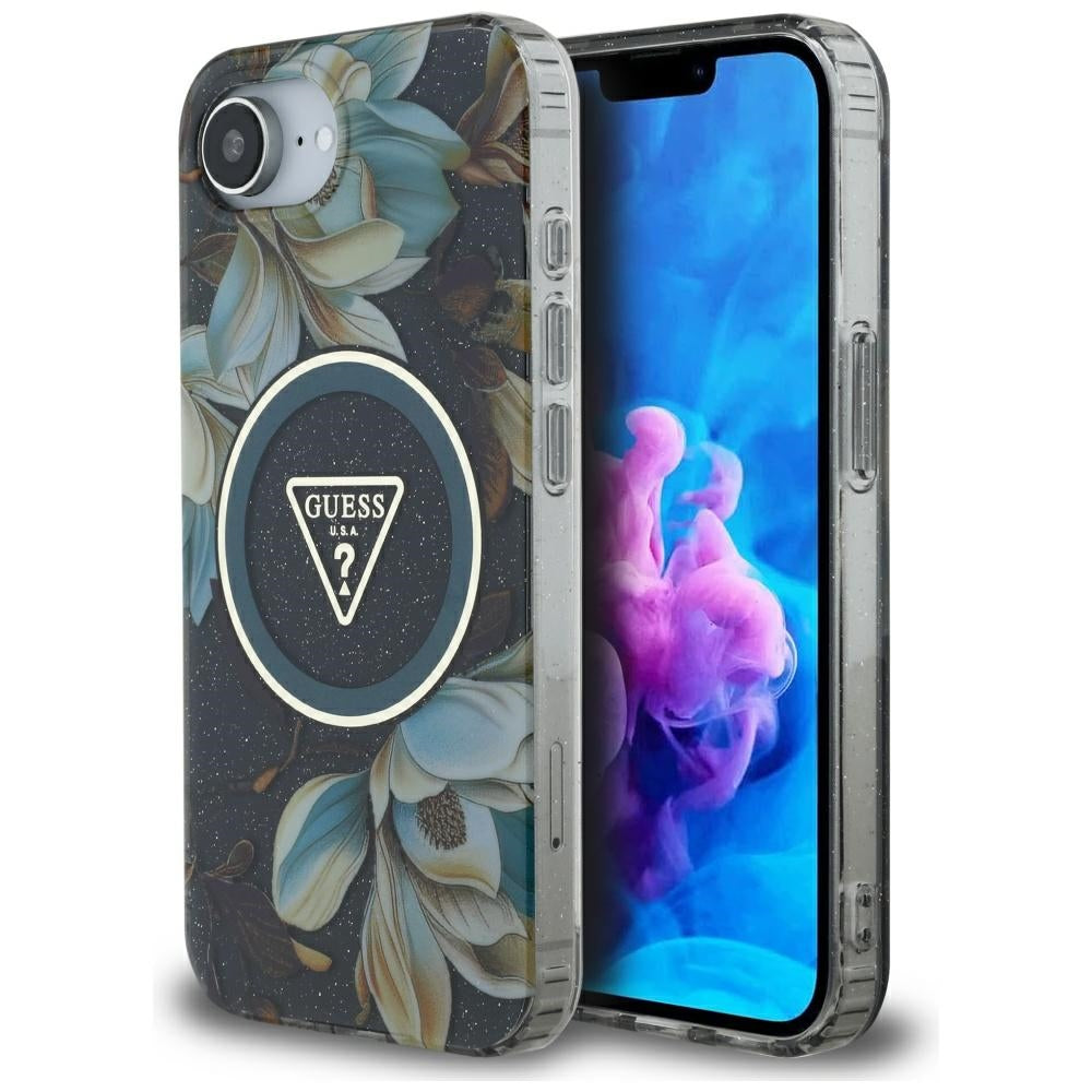 MagSafe tok Apple iPhone 17e / 16e készülékhez, Guess, IML Metal Glitter Flowers Triangle, Fekete