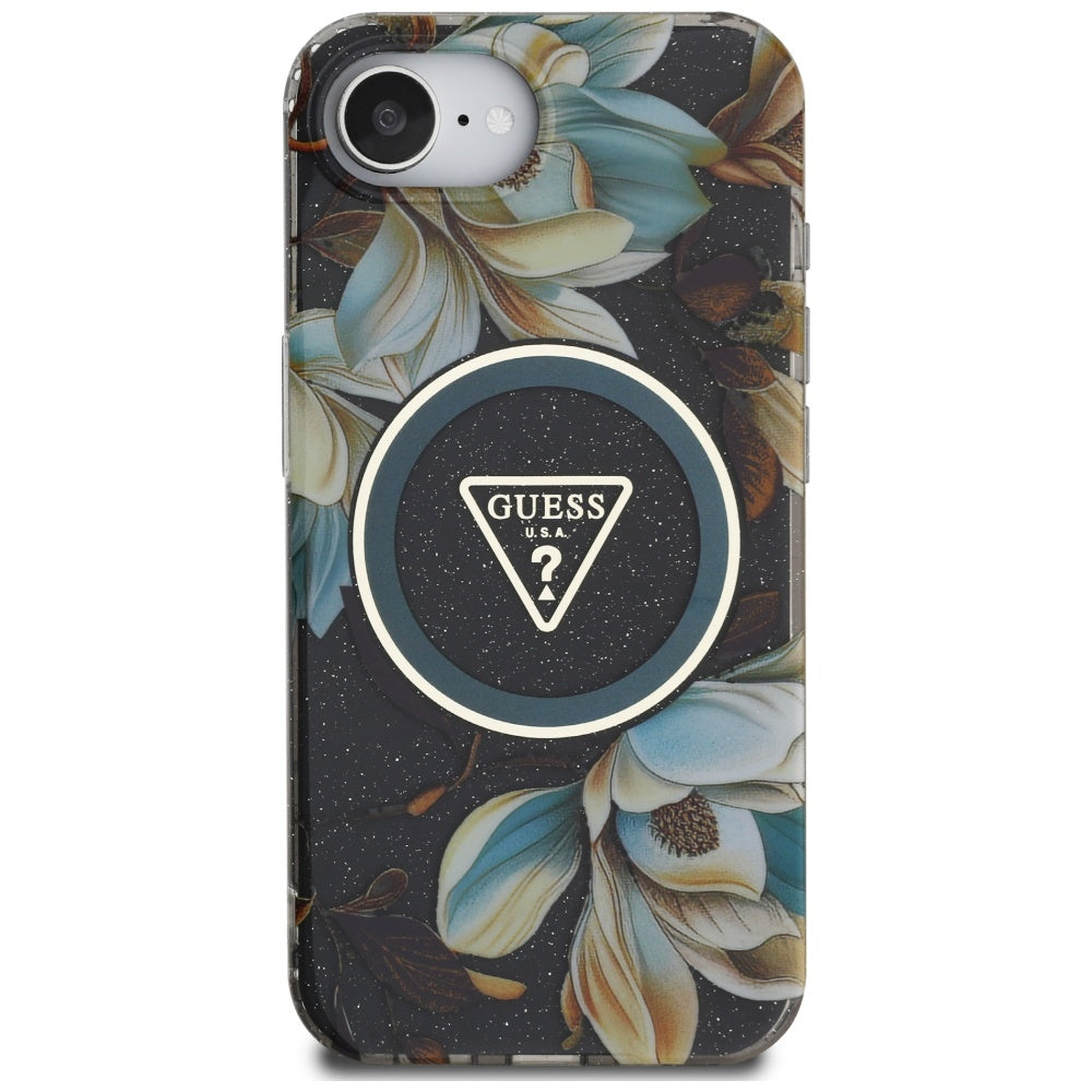 MagSafe tok Apple iPhone 17e / 16e készülékhez, Guess, IML Metal Glitter Flowers Triangle, Fekete