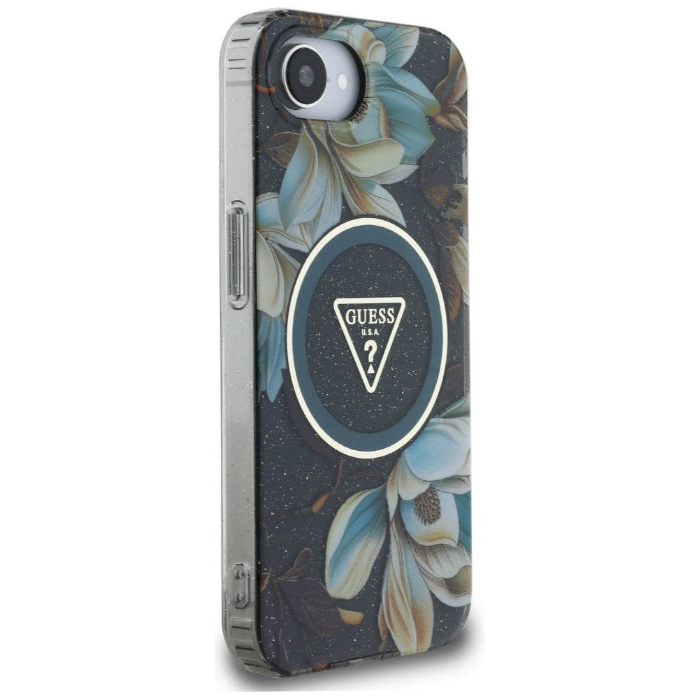 MagSafe tok Apple iPhone 17e / 16e készülékhez, Guess, IML Metal Glitter Flowers Triangle, Fekete