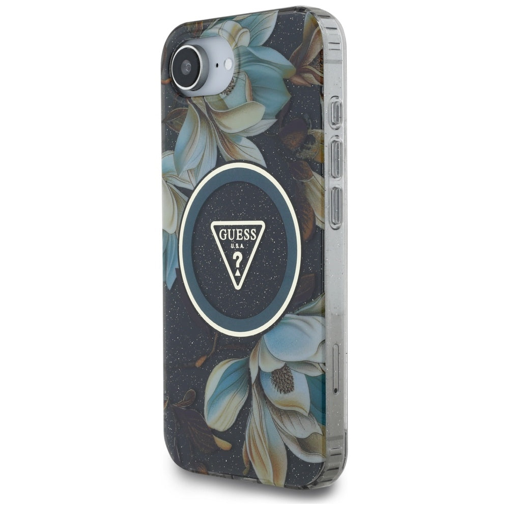MagSafe tok Apple iPhone 17e / 16e készülékhez, Guess, IML Metal Glitter Flowers Triangle, Fekete