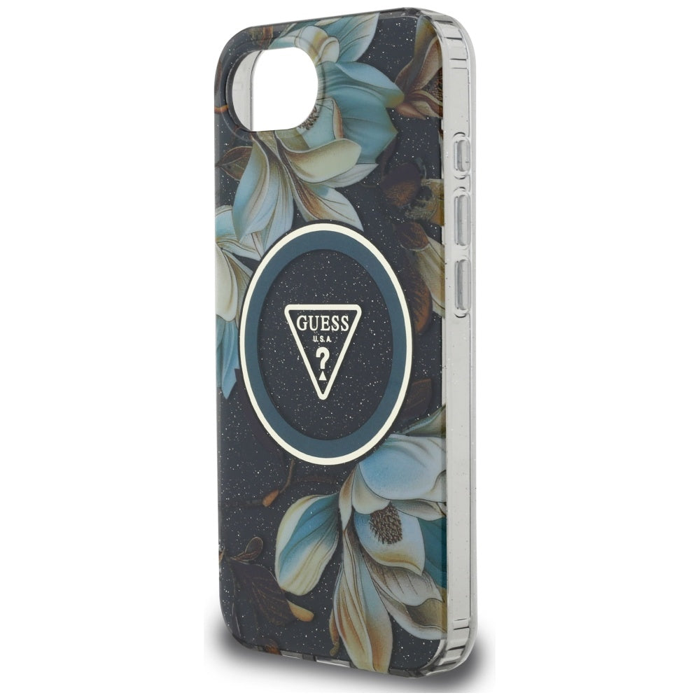 MagSafe tok Apple iPhone 17e / 16e készülékhez, Guess, IML Metal Glitter Flowers Triangle, Fekete