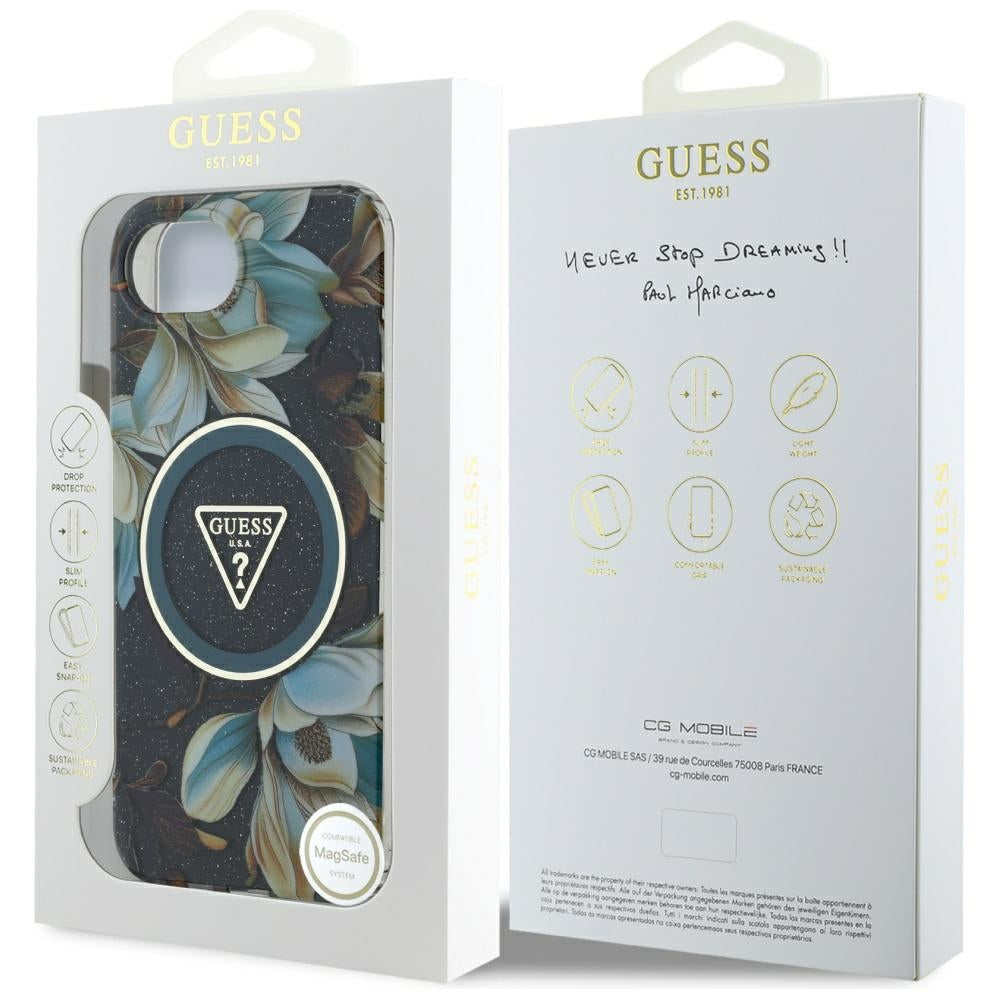 MagSafe tok Apple iPhone 17e / 16e készülékhez, Guess, IML Metal Glitter Flowers Triangle, Fekete