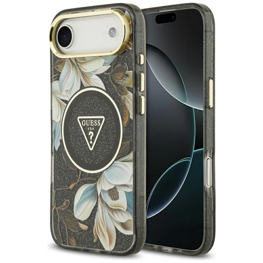 MagSafe tok Apple iPhone 17 Air-hez, Guess, IML Metal Glitter Flowers Triangle, Fekete