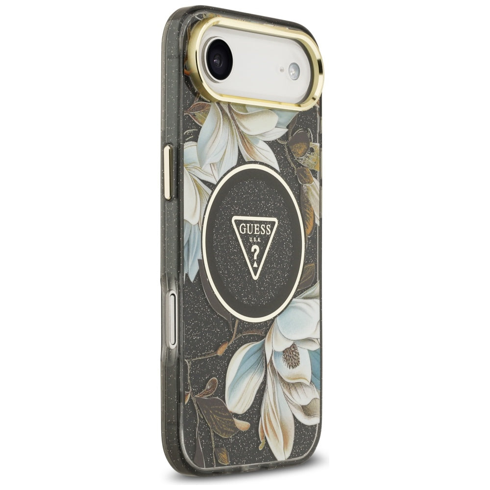 MagSafe tok Apple iPhone 17 Air-hez, Guess, IML Metal Glitter Flowers Triangle, Fekete