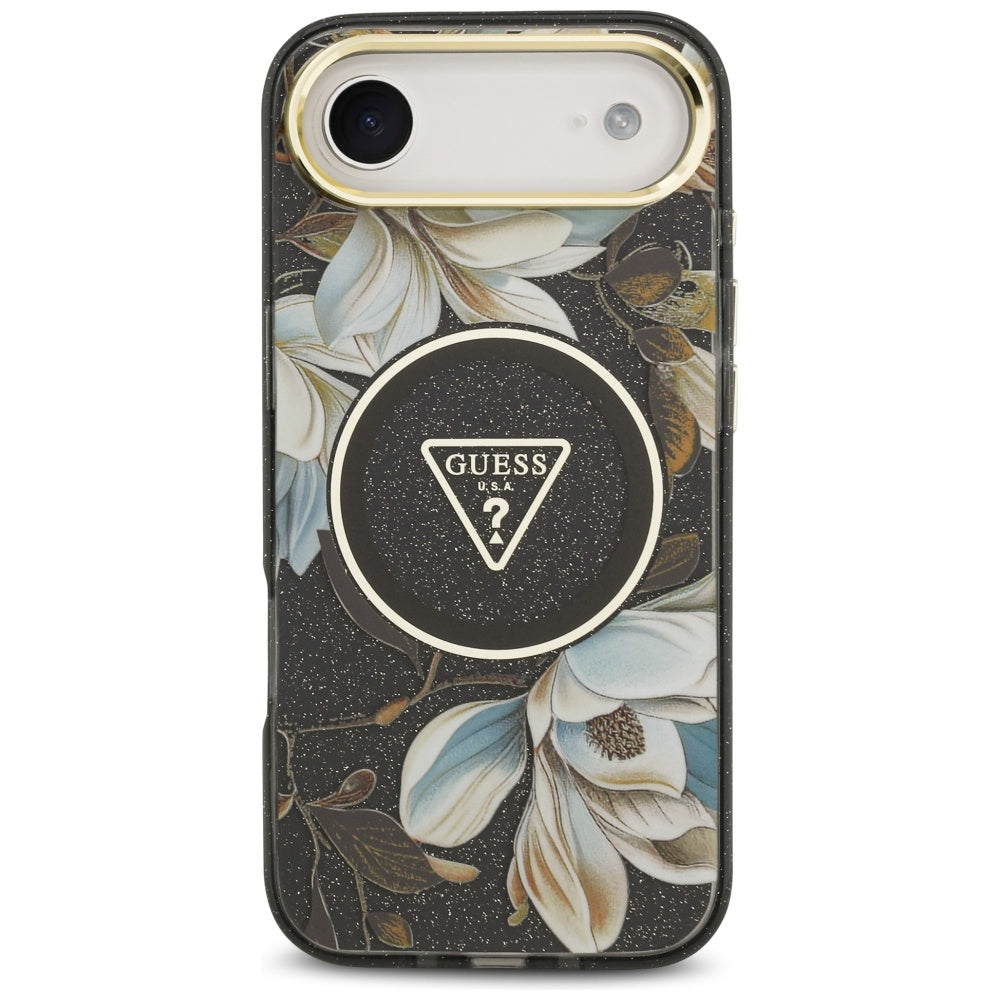 MagSafe tok Apple iPhone 17 Air-hez, Guess, IML Metal Glitter Flowers Triangle, Fekete