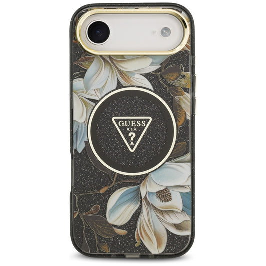 MagSafe tok Apple iPhone 17 Air-hez, Guess, IML Metal Glitter Flowers Triangle, Fekete