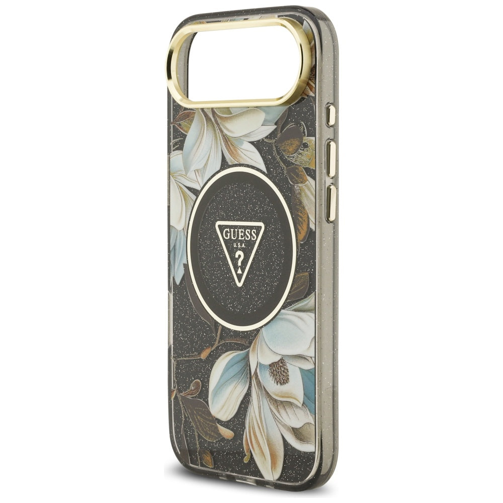 MagSafe tok Apple iPhone 17 Air-hez, Guess, IML Metal Glitter Flowers Triangle, Fekete
