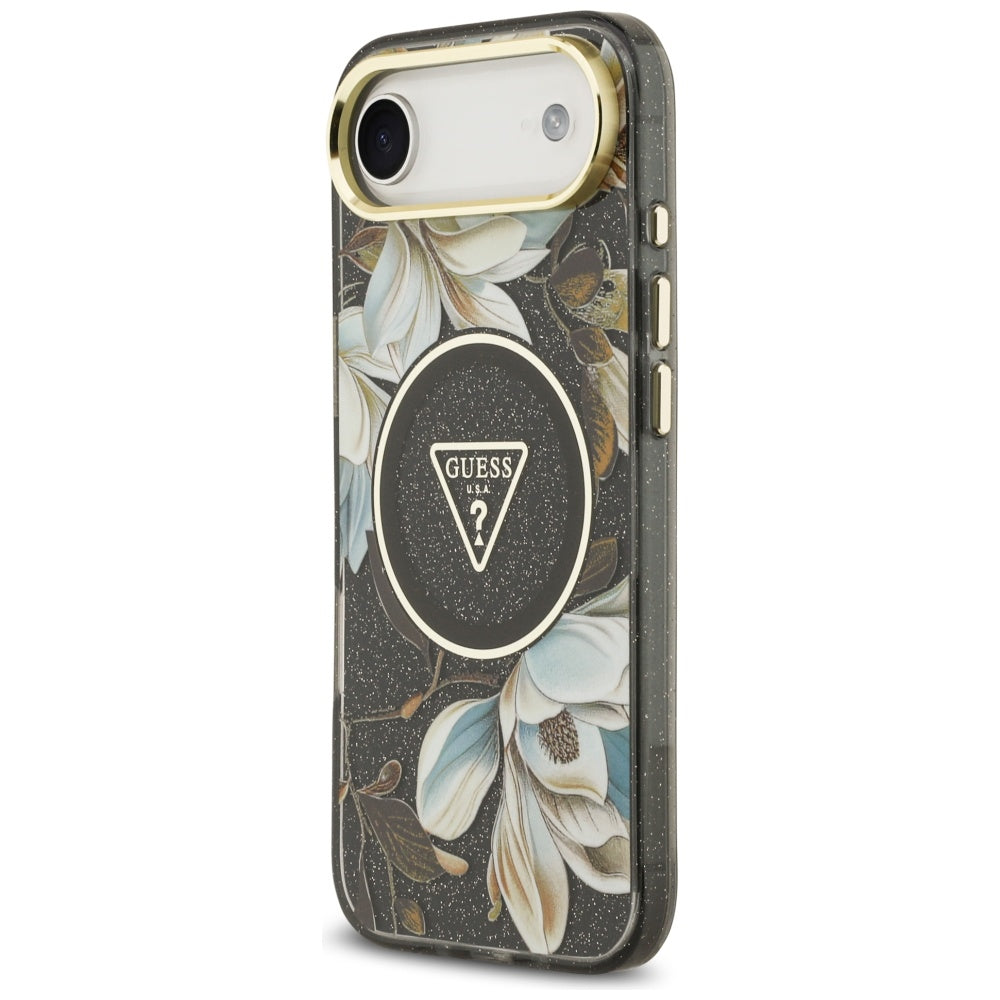MagSafe tok Apple iPhone 17 Air-hez, Guess, IML Metal Glitter Flowers Triangle, Fekete