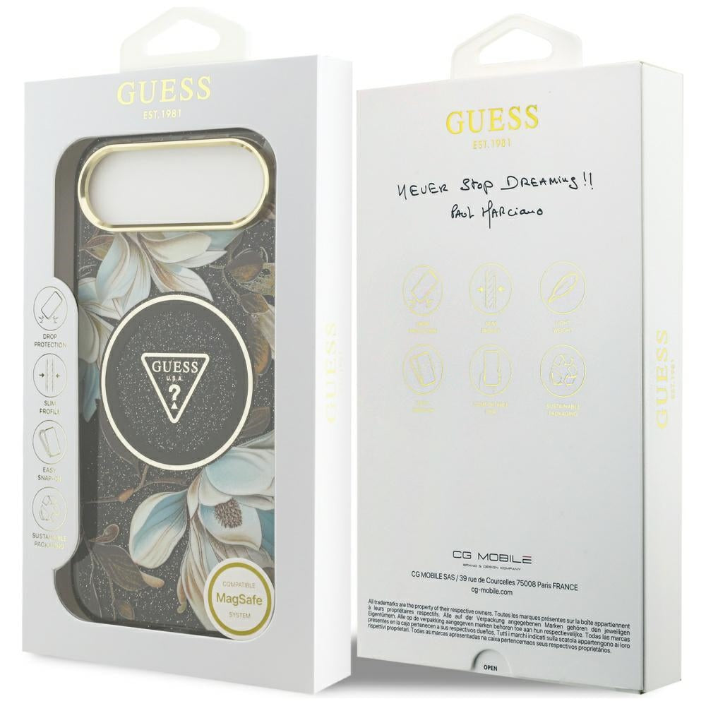 MagSafe tok Apple iPhone 17 Air-hez, Guess, IML Metal Glitter Flowers Triangle, Fekete
