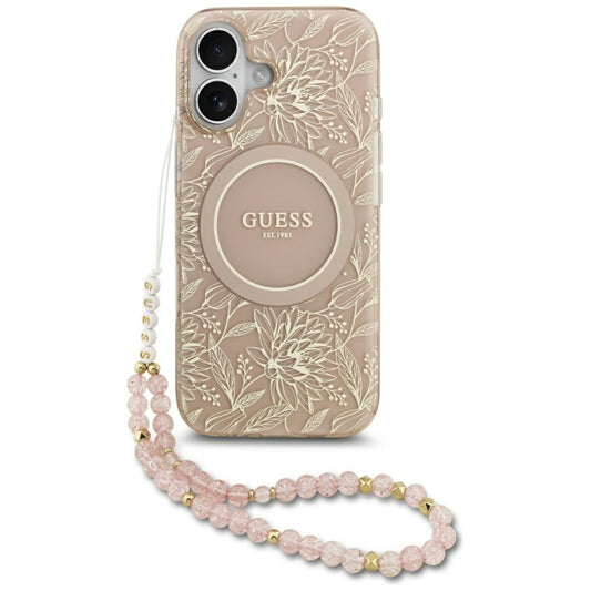 MagSafe tok Apple iPhone 17-hez, Guess, IML Flowers Allover Electroplated with Pearl Strap, Fekete