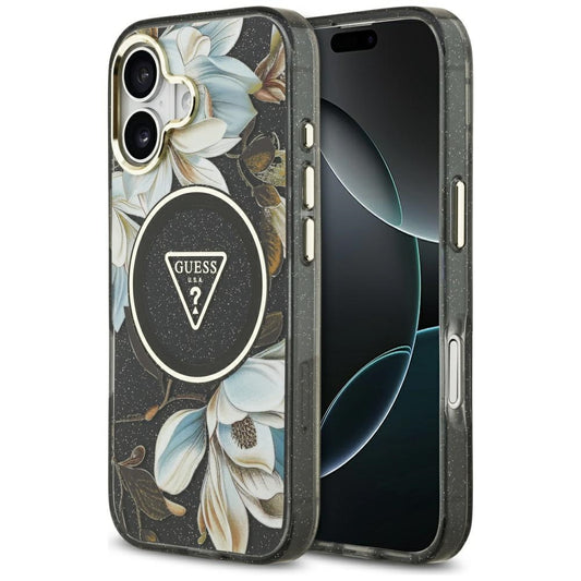 MagSafe tok Apple iPhone 17-hez, Guess, IML Metal Glitter Flowers Triangle, Fekete
