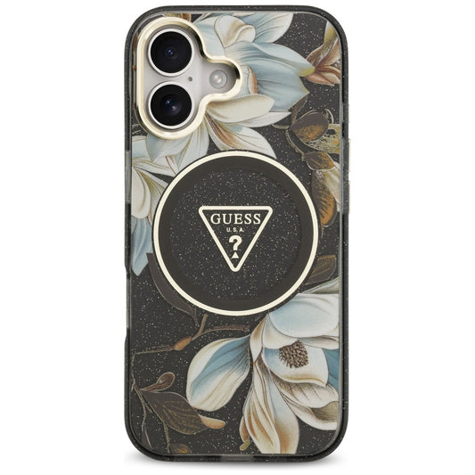 MagSafe tok Apple iPhone 17-hez, Guess, IML Metal Glitter Flowers Triangle, Fekete