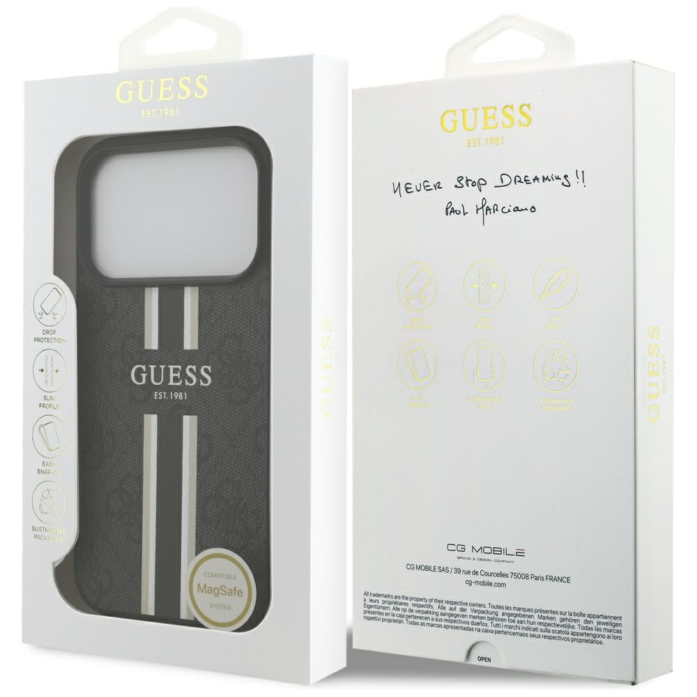MagSafe tok Apple iPhone 17 Pro-hoz, Guess, 4G nyomtatott csíkok, Fekete