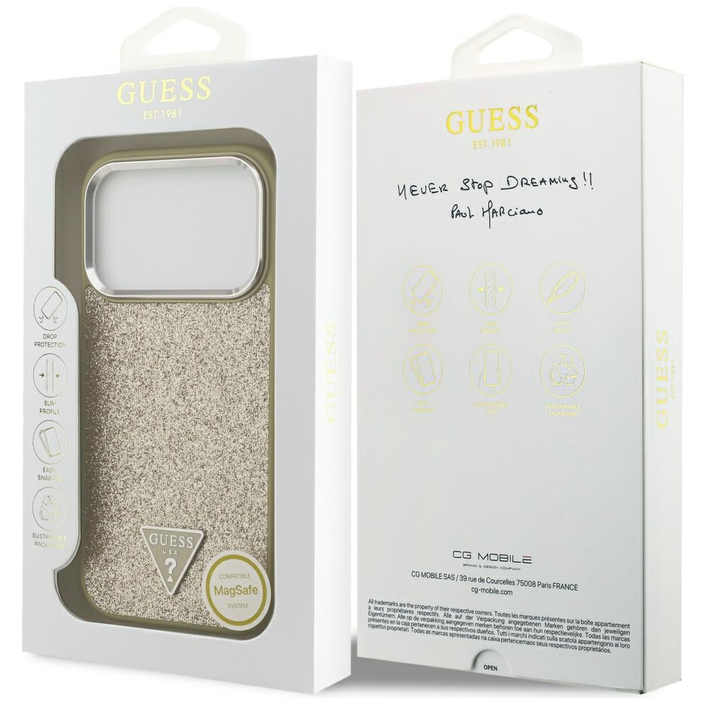MagSafe tok Apple iPhone 17 Pro-hoz, Guess, Glitter Triangle Logo, Arany