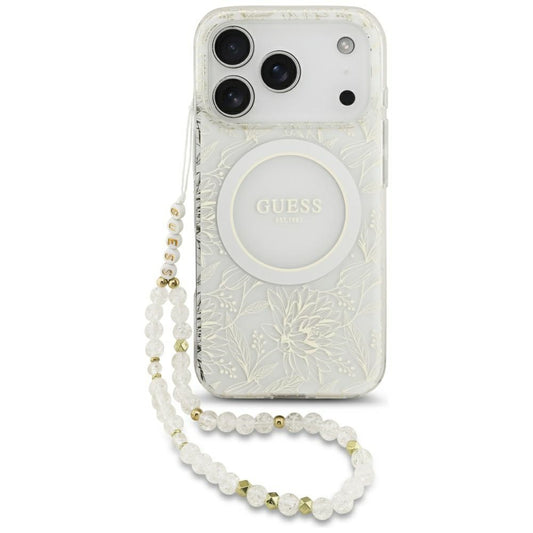 MagSafe tok Apple iPhone 17 Pro-hoz, Guess, IML Flowers Allover Electroplated with Pearl Strap, Fehér